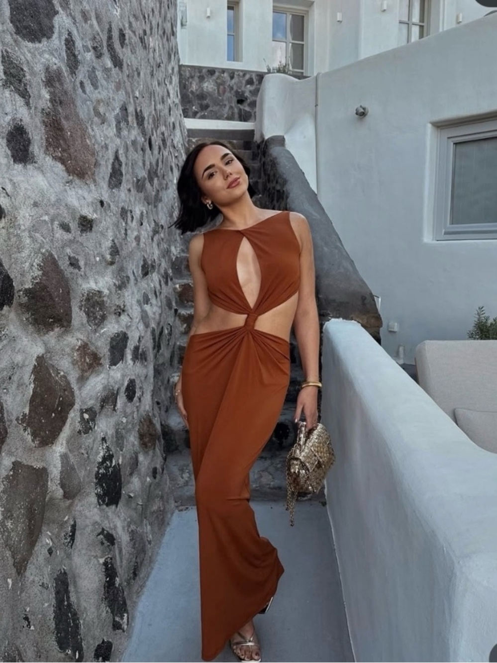 ZARA BROWN OPEN BACK CUT-OUT DRESS SIZE XS